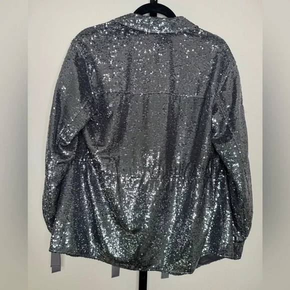 Cinq à Sept Mathieu Ribbon Detail Sequin Jacket -Shimmering Elegance in Gunmetal - Picture 4 of 10
